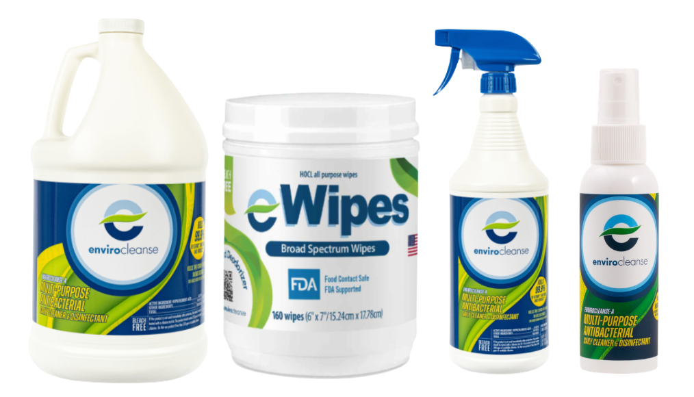 Envirocleanse-A product lineup showing spray bottles, wipes, and gallon jugs